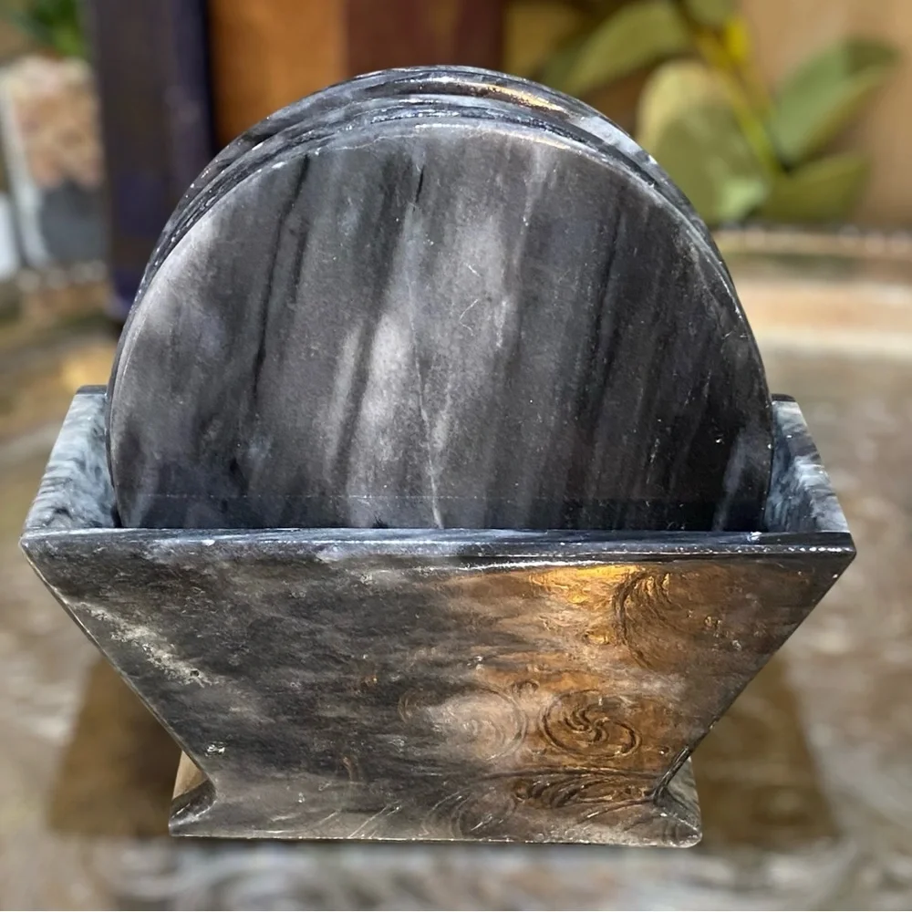 Vintage Set 6 Marble Natural Stone Coasters with Matching Holder Black Gray